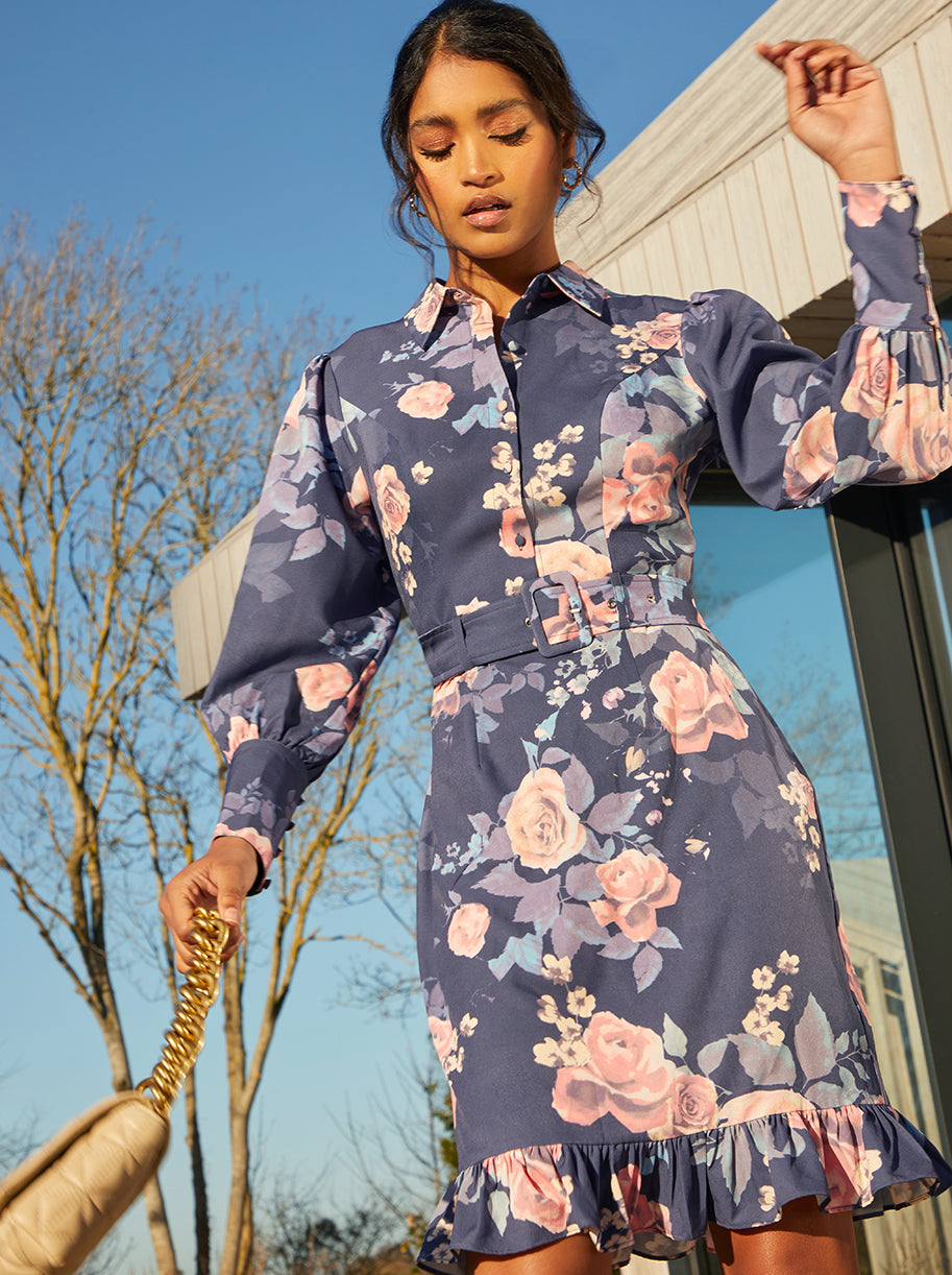 Floral Print Mini Shirt Dress in Navy