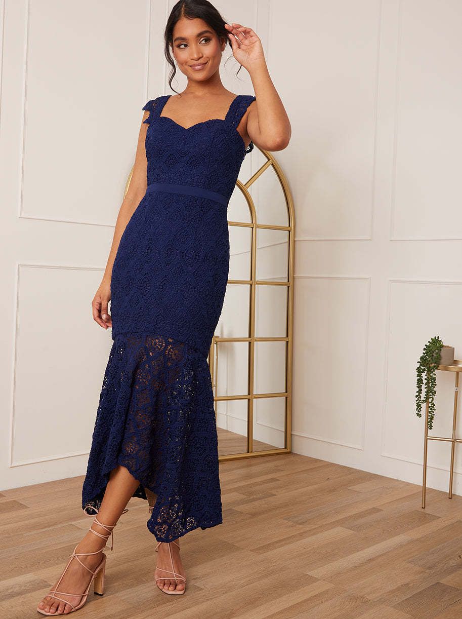 Sweetheart Neckline Lace Midi Dress in Navy