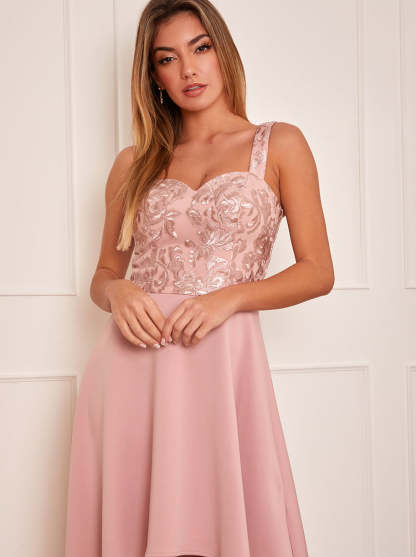 Embroidered Dip Hem Dress in Pink