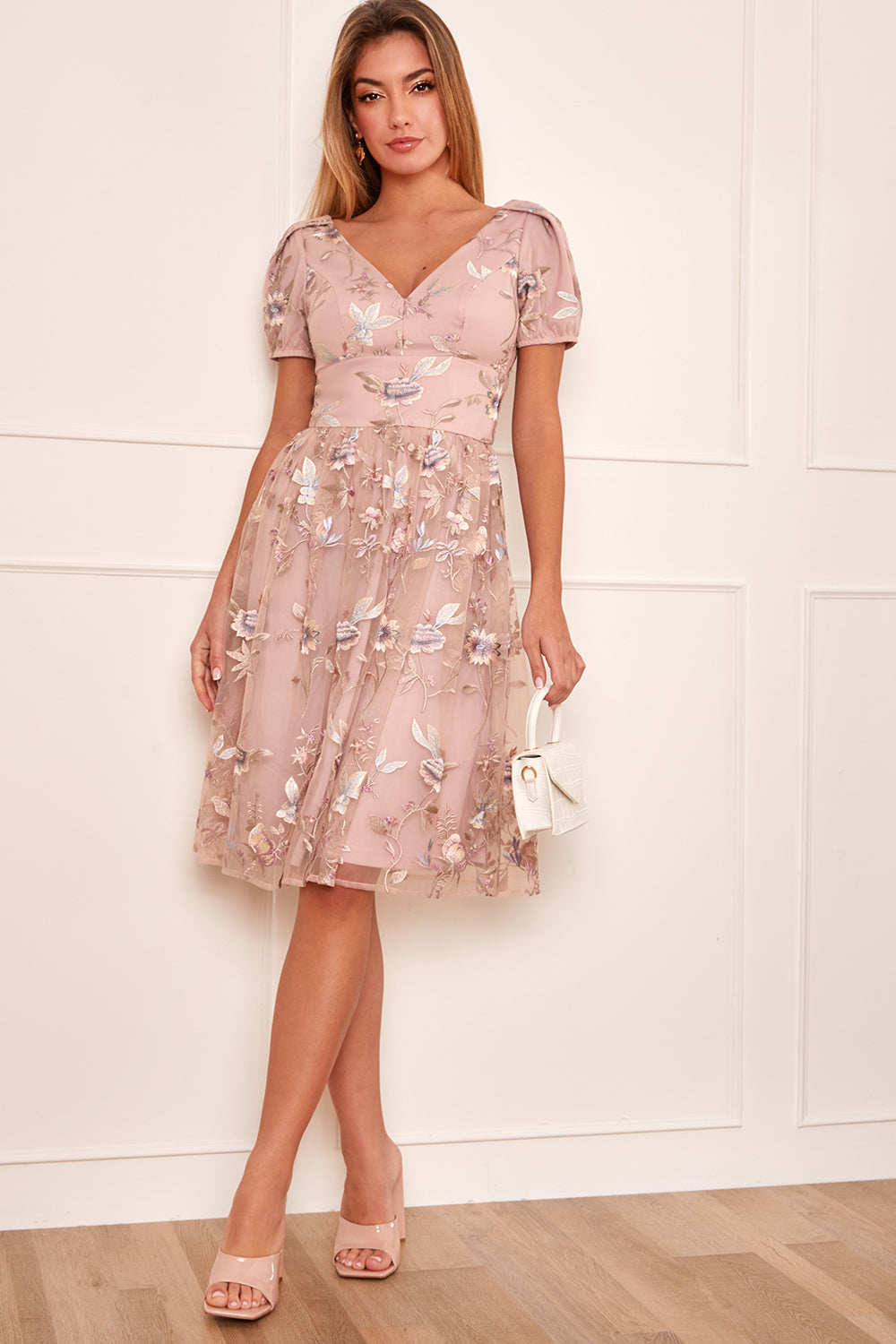 Short Sleeve Floral Embroidered Midi Dress in Pink | Chi Chi