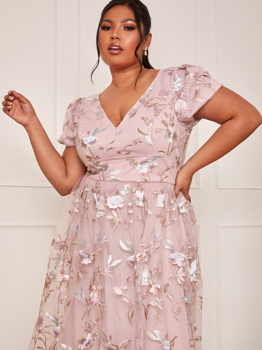 Plus Size Short Sleeve Floral Embroidered Midi Dress in Pink Chi Chi London UK