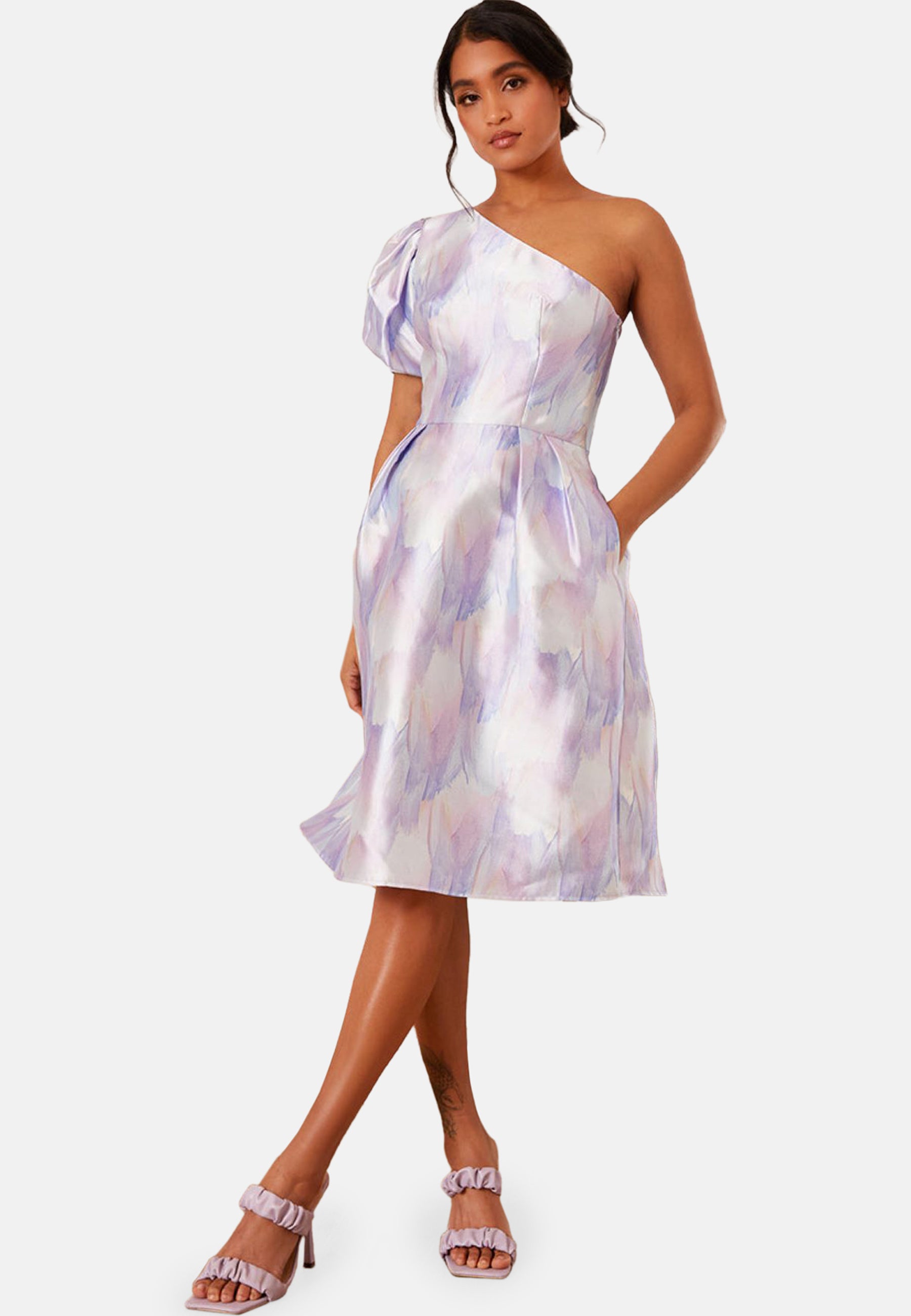 One-Shoulder Puff Sleeve Watercolour Print Dress in Lilac
