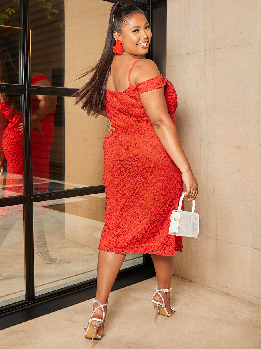 Plus Size Bardot Premium Lace Midi Dress in Red