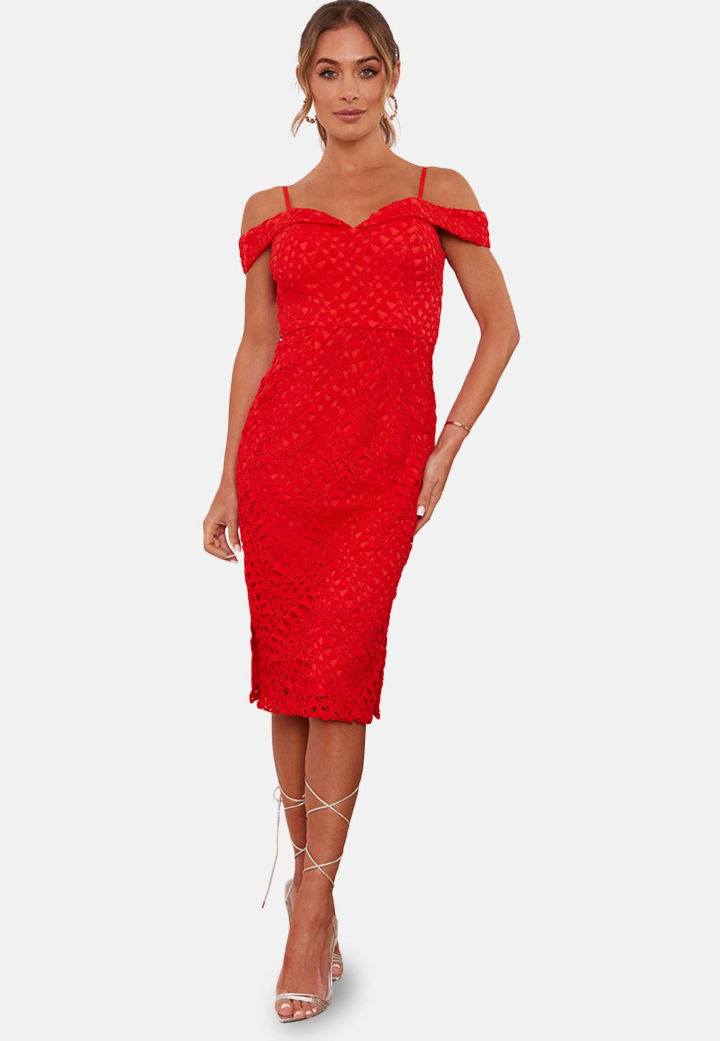 Bardot Premium Lace Midi Dress in Red Chi Chi London