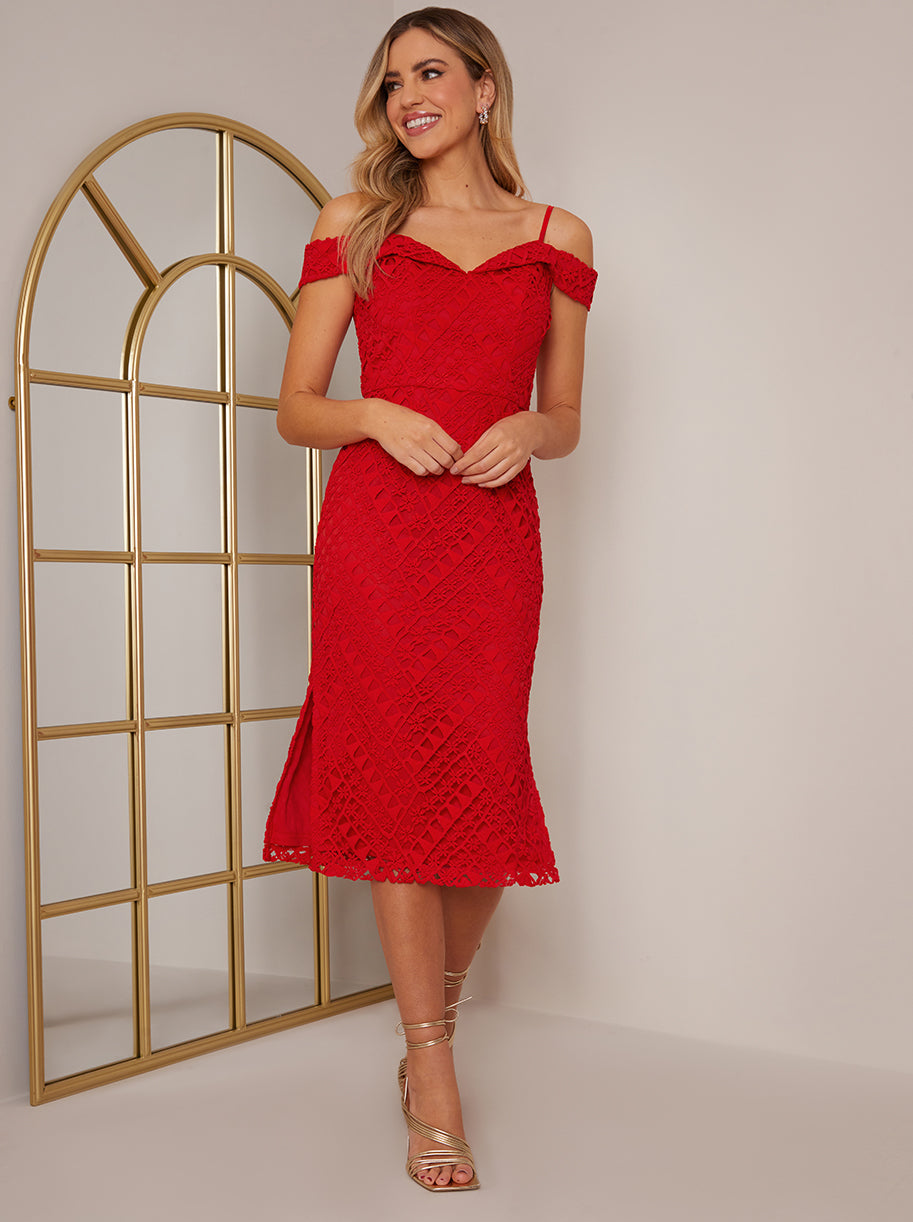 Bardot Premium Lace Midi Dress in Red – Chi Chi London