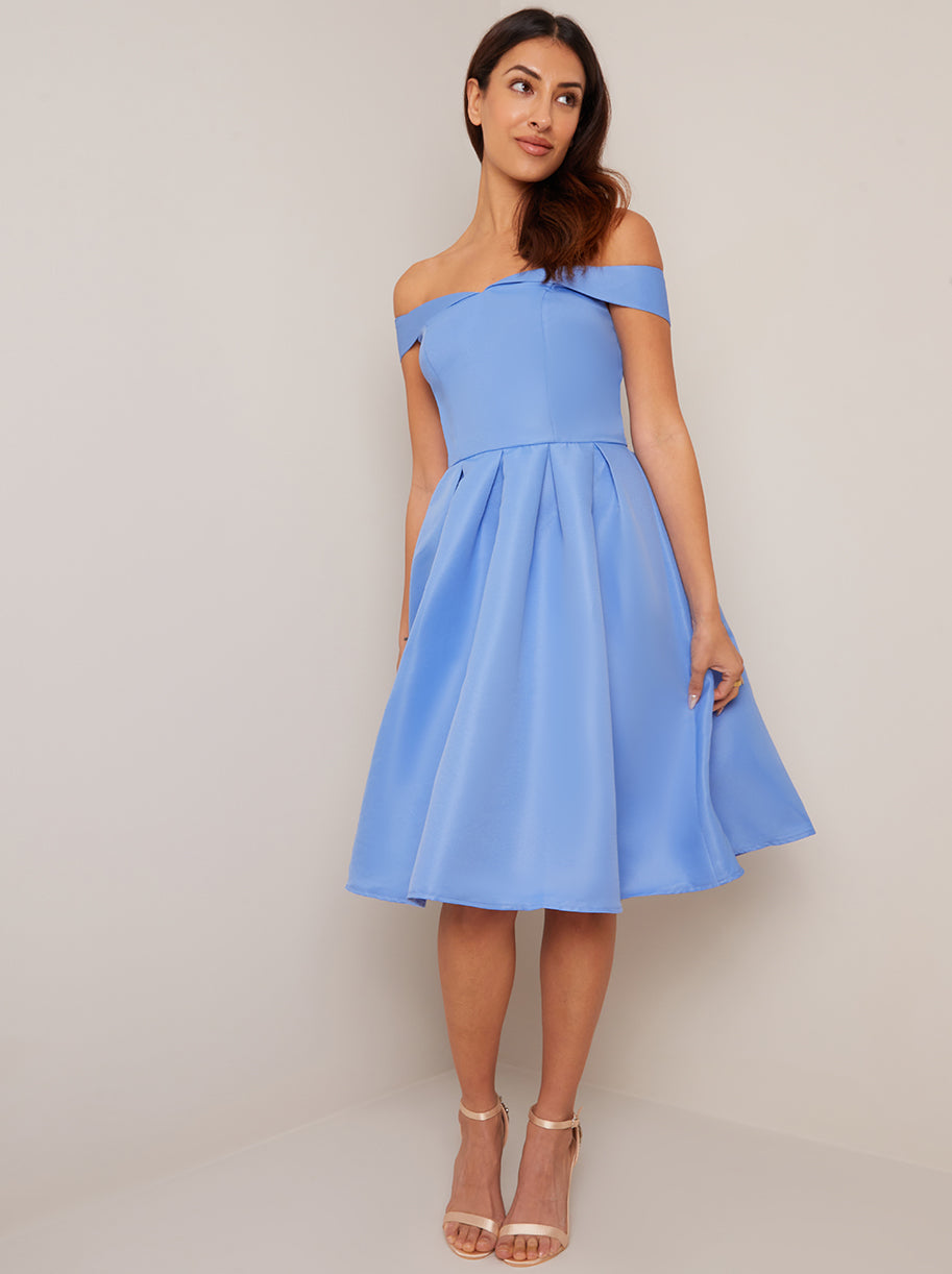 bardot plunge high low skater dress Cleo jacquard baby blue high low Bardot skater dress Deja Elite Boutique
