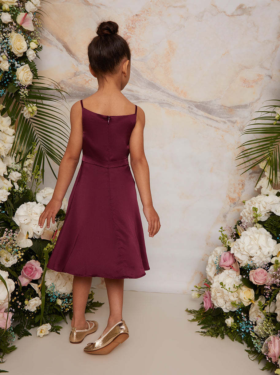 Girls Pleated Satin Flower Girl Dress in Berry