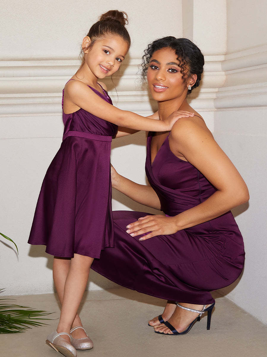 Girls Pleated Satin Flower Girl Dress in Berry