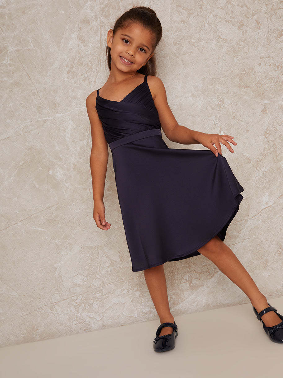 Girls Pleat Bodice Satin Finish Dress in Navy Blue