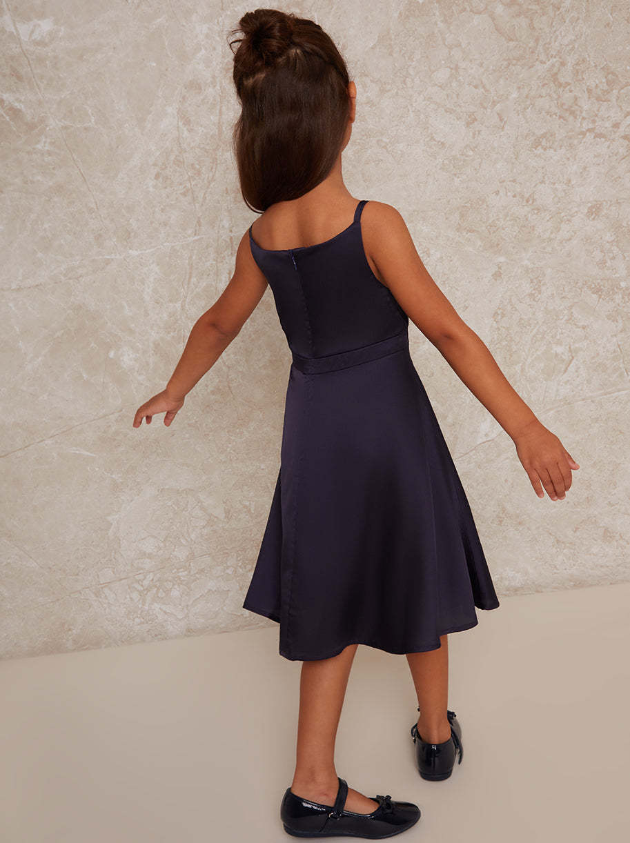 Girls Pleat Bodice Satin Finish Dress in Navy Blue