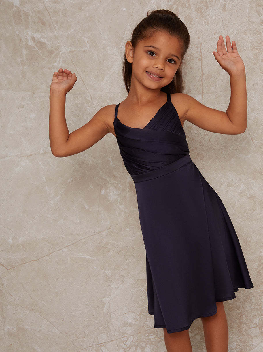 Girls Pleat Bodice Satin Finish Dress in Navy Blue