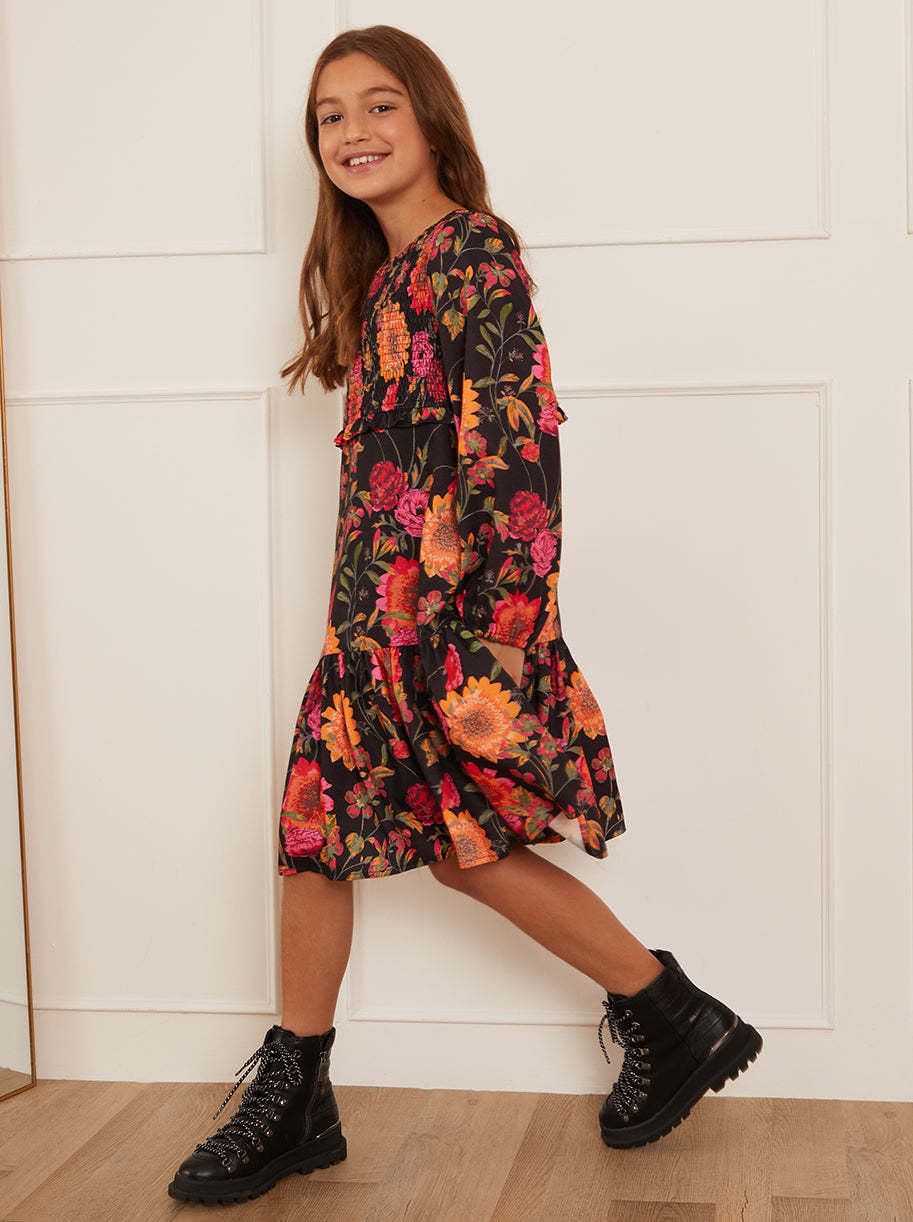 Older Girls Long Sleeve Floral Smock Dress in Black
