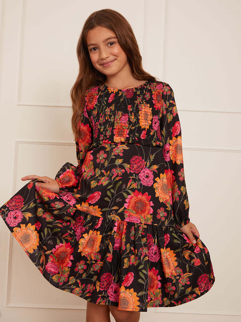 Older Girls Long Sleeve Floral Smock Dress in Black