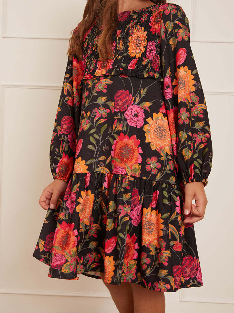 Older Girls Long Sleeve Floral Smock Dress in Black