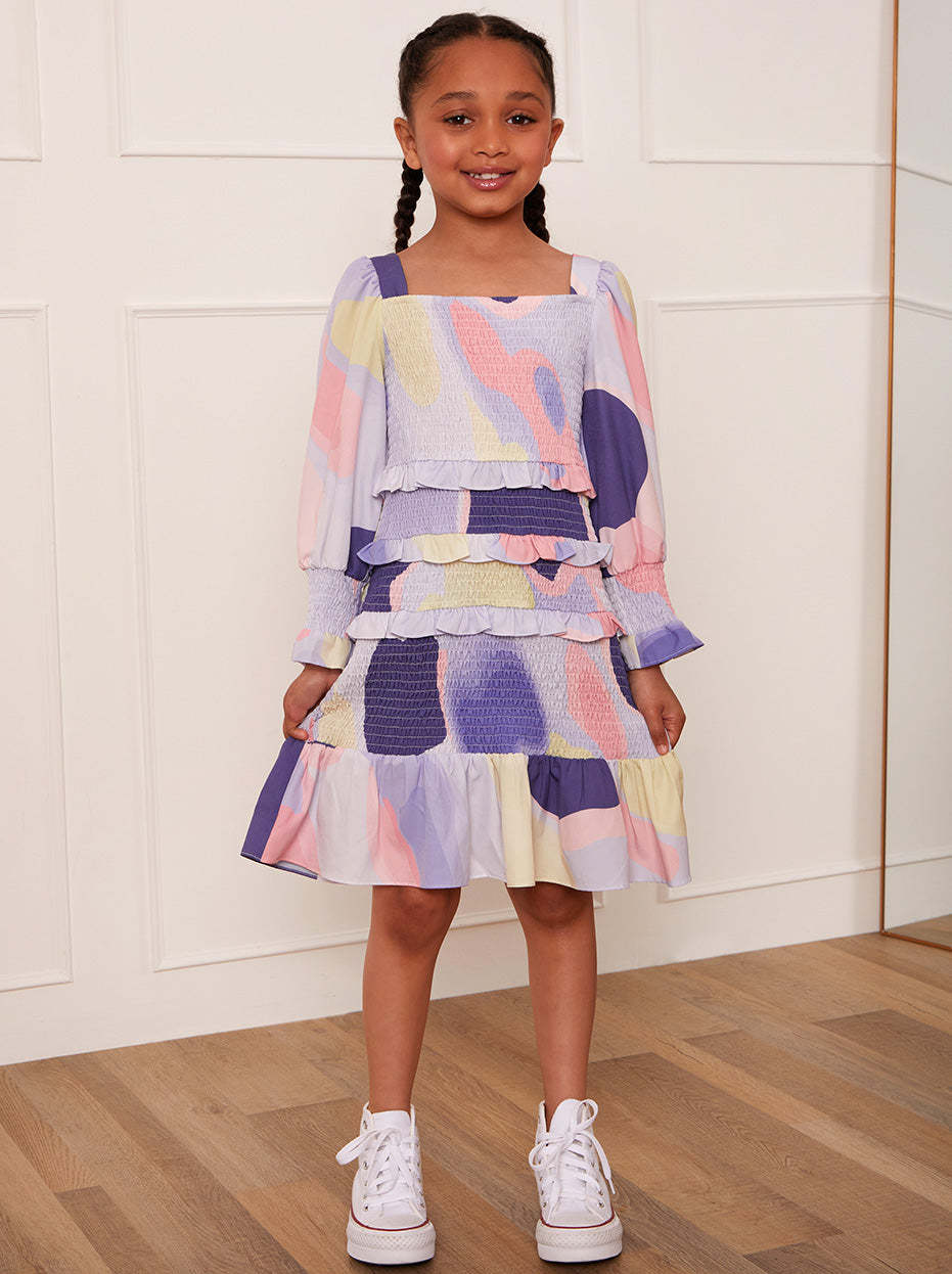 Younger Girls Shirred Abstract Print Midi Dress in Multi