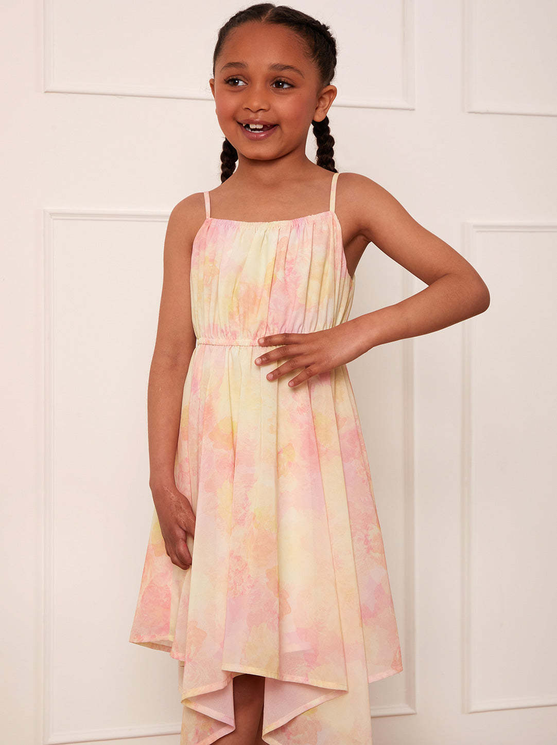 Younger Girls Cami Ruched Floral Dress in Cream
