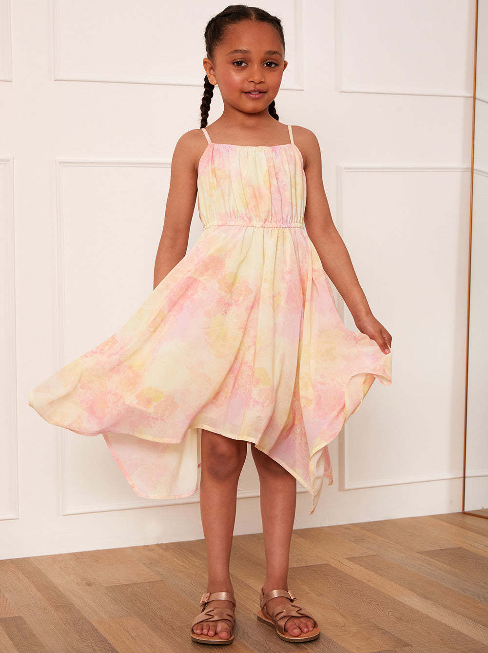 Younger Girls Cami Ruched Floral Dress in Cream