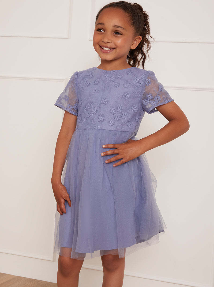 Younger Girls Floral Embroidered Midi Dress in Blue