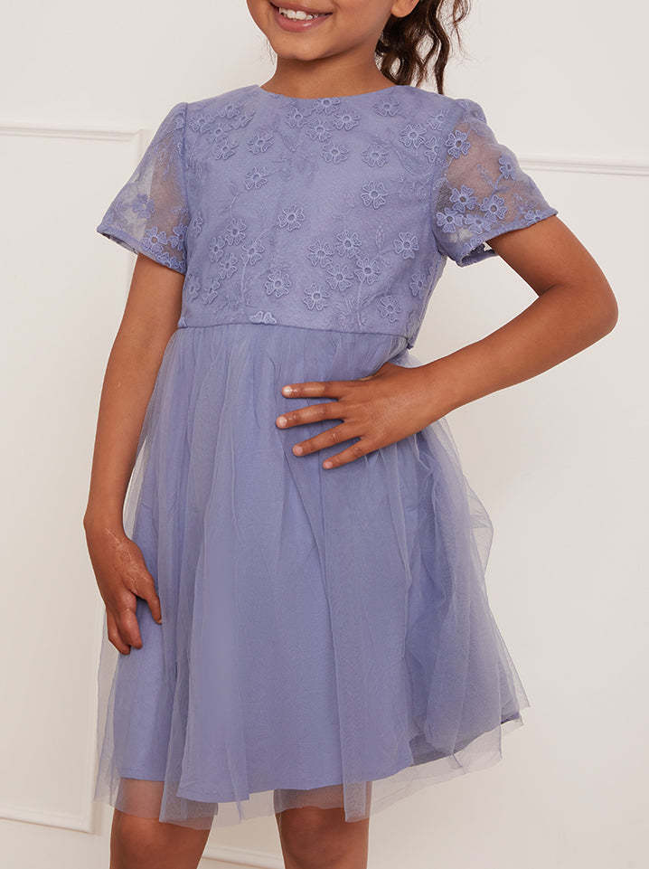 Younger Girls Floral Embroidered Midi Dress in Blue