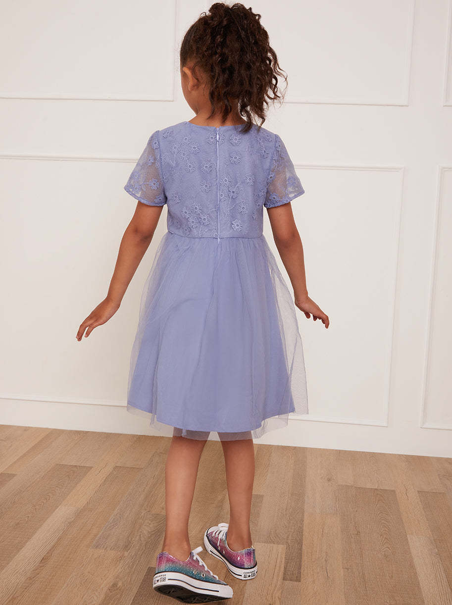 Younger Girls Floral Embroidered Midi Dress in Blue