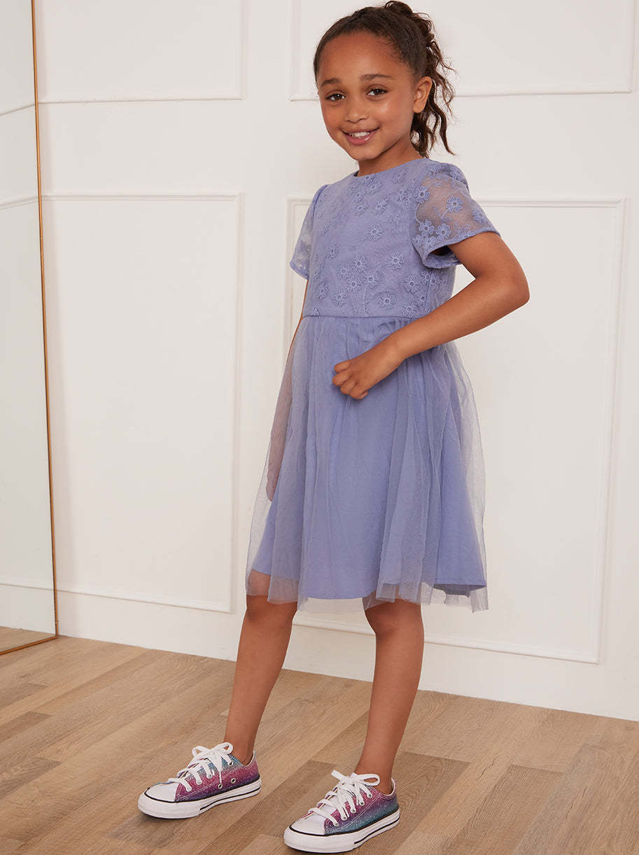 Younger Girls Floral Embroidered Midi Dress in Blue