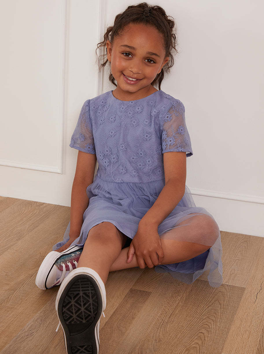 Younger Girls Floral Embroidered Midi Dress in Blue