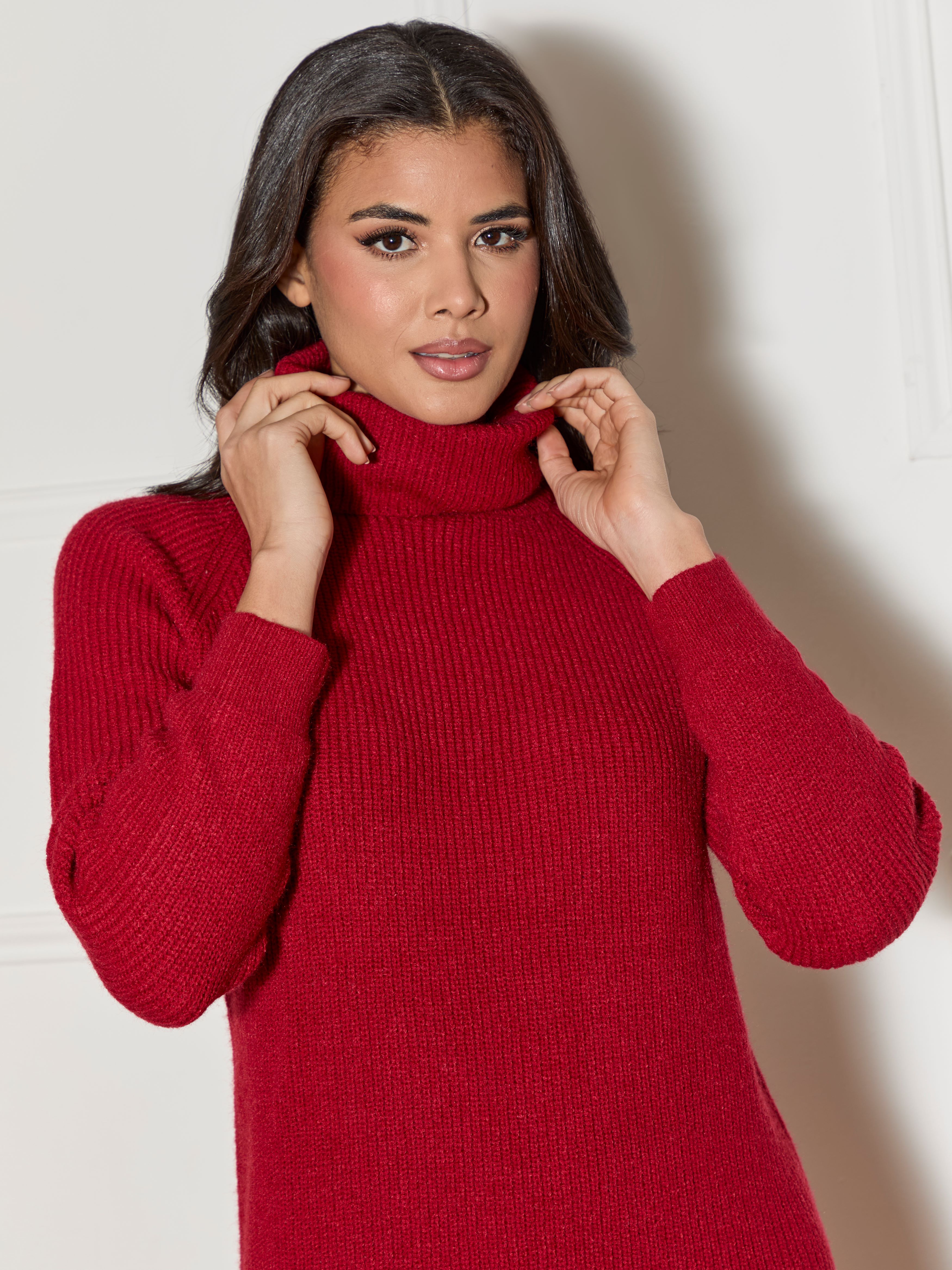 Roll Neck Oversized Jumper Dress in Red