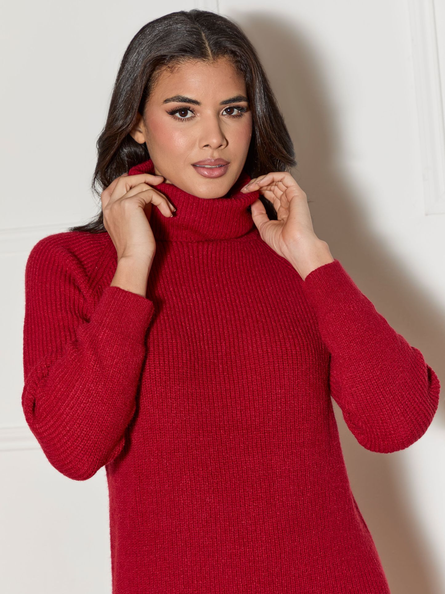 Roll Neck Oversized Jumper Dress in Red