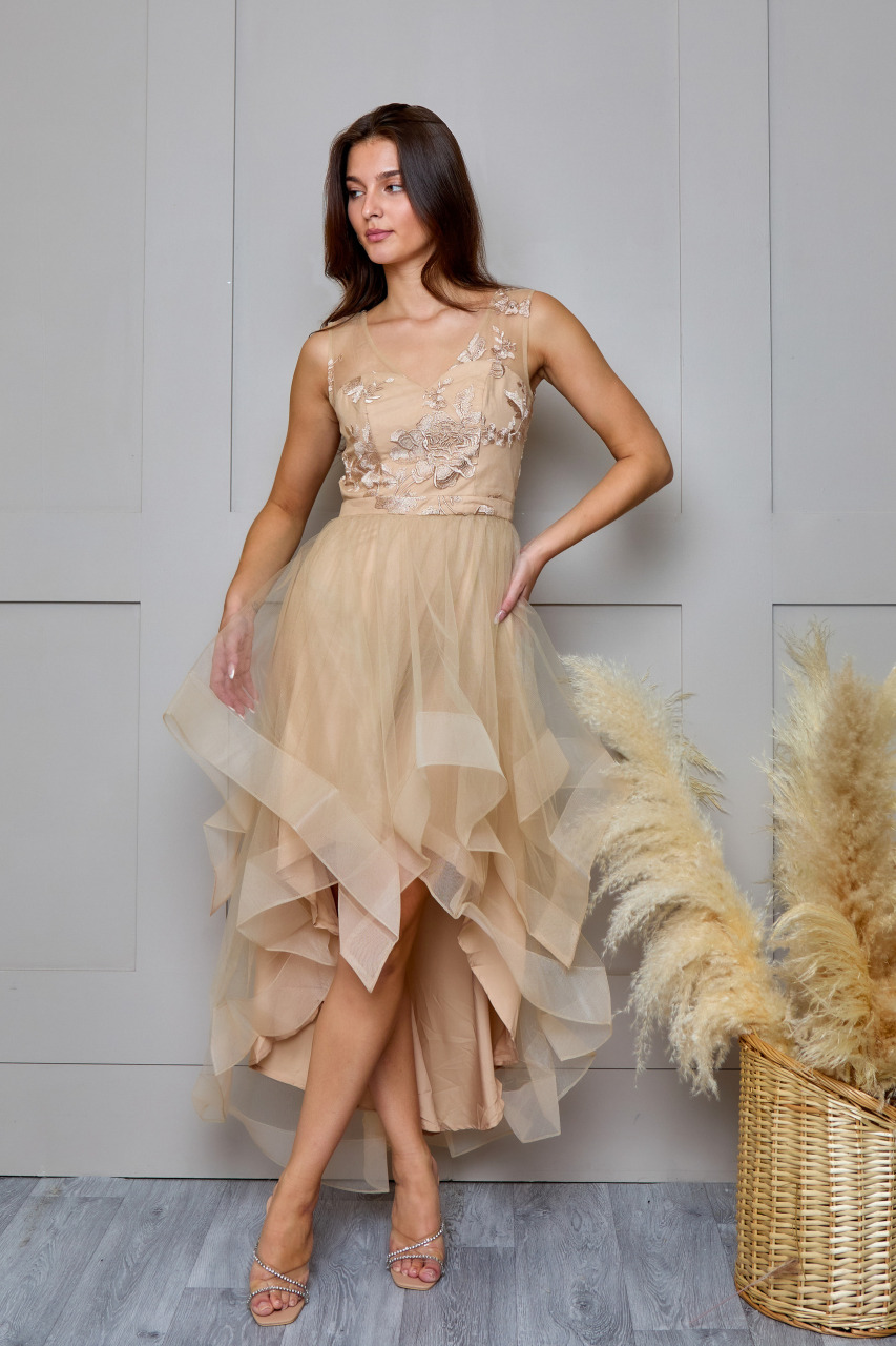 V Neck Embroidered Dip Hem Midi Dress in Beige