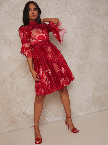 Floral Print Flare Sleeve Pleated Midi Dress in Red