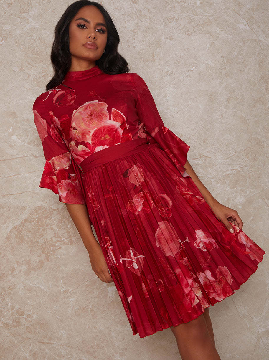 Floral Print Flare Sleeve Pleated Midi Dress in Red