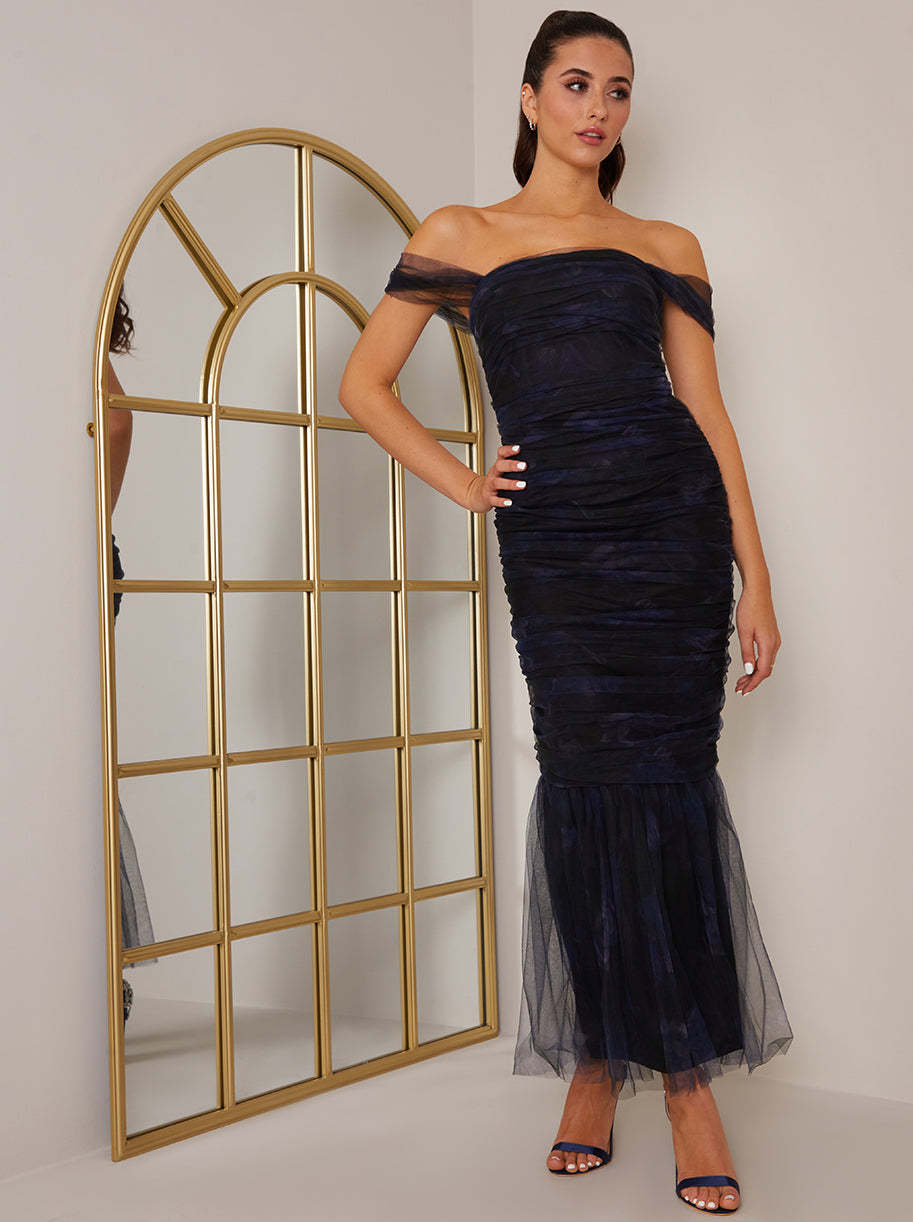 Bardot Ruched Mesh Maxi Dress in Black