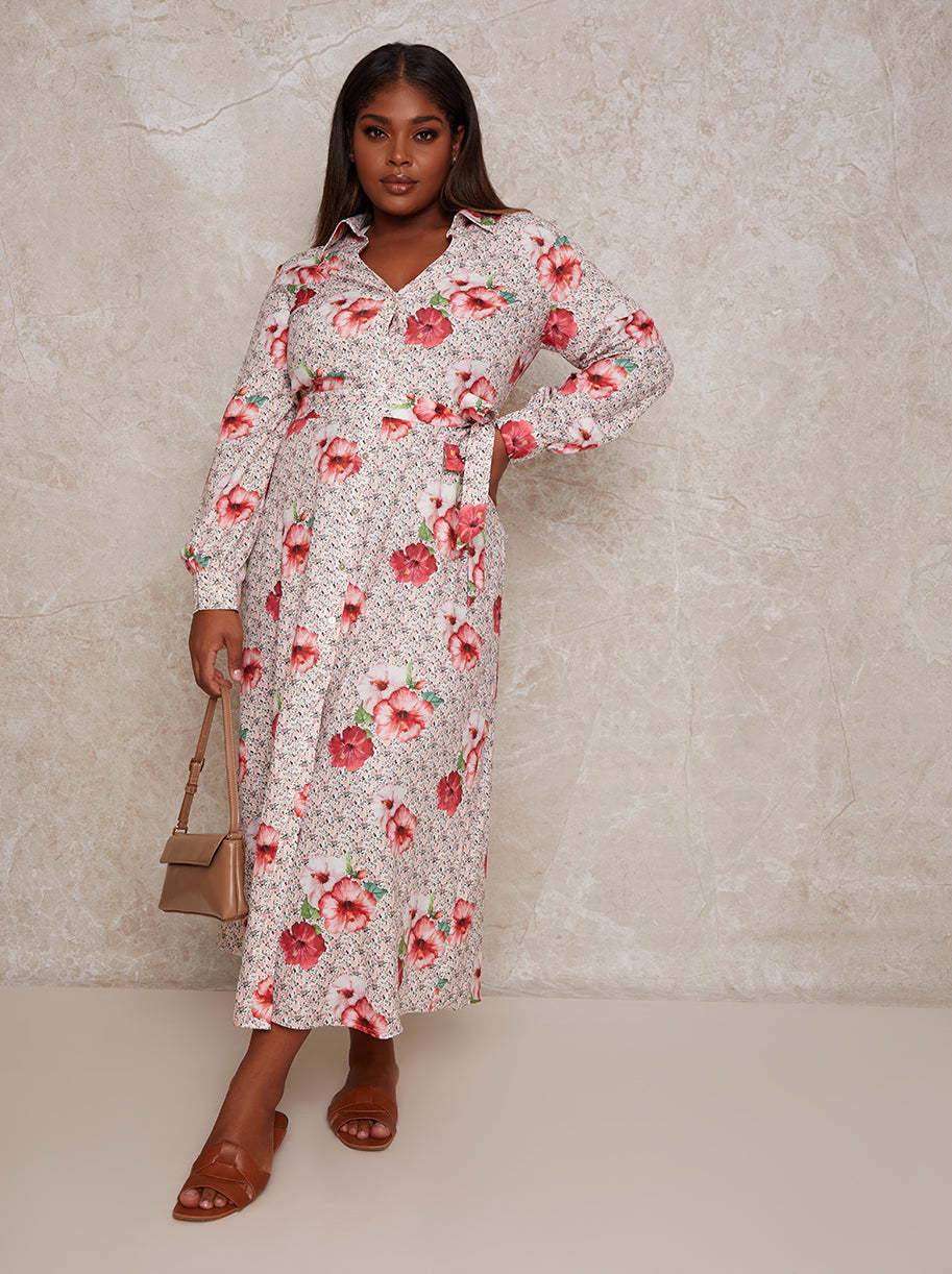 Plus Size Floral Print Maxi Shirt Dress in Multi