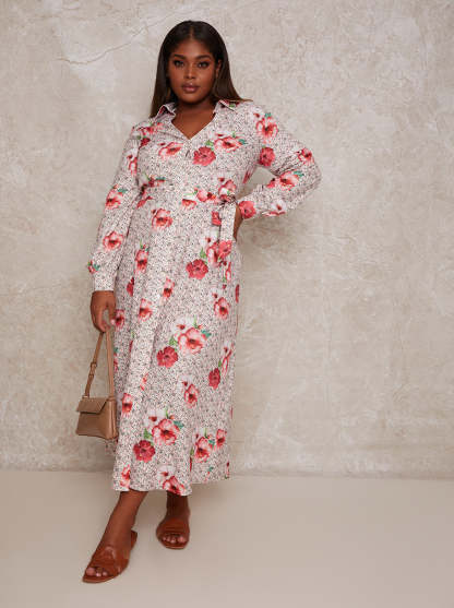 Plus Size Floral Print Maxi Shirt Dress in Multi