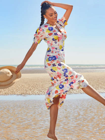 Floral Print Midi Day Dress with Puff Sleeve in Cream
