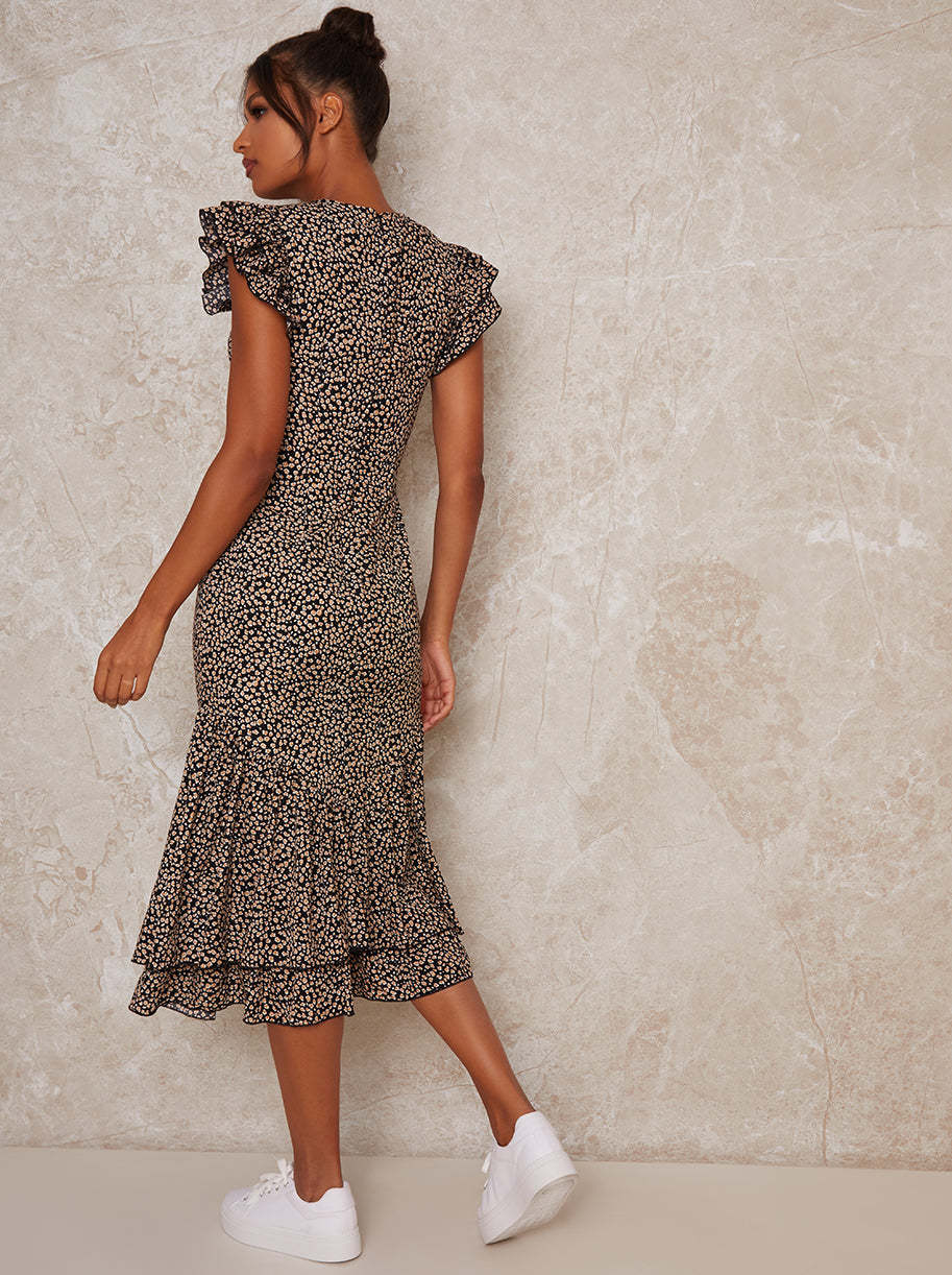 Ruffle Hem Printed Short Sleeve Midi Dress in Multi