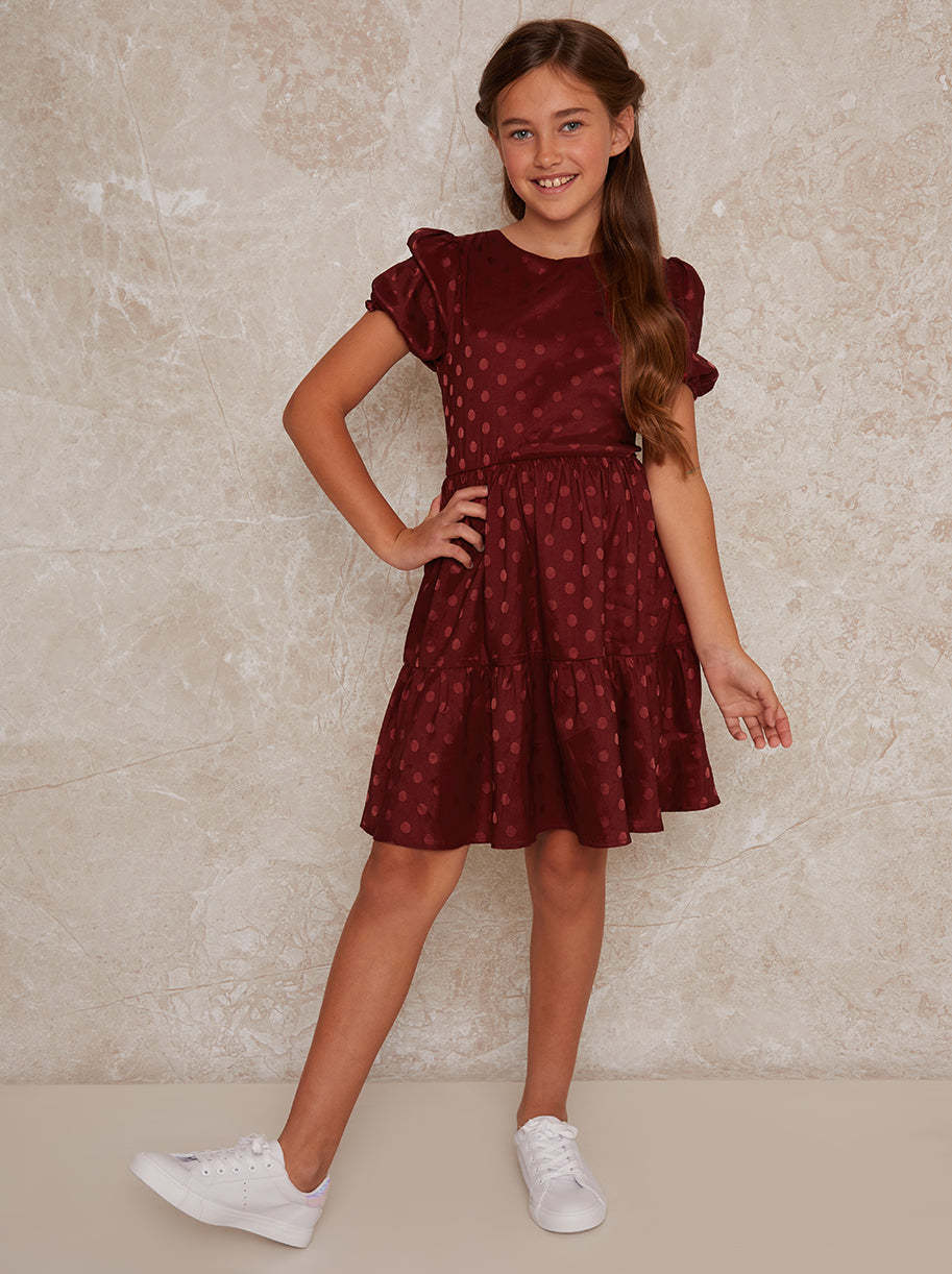 Girls Spot Print Satin Tiered Midi Dress Red