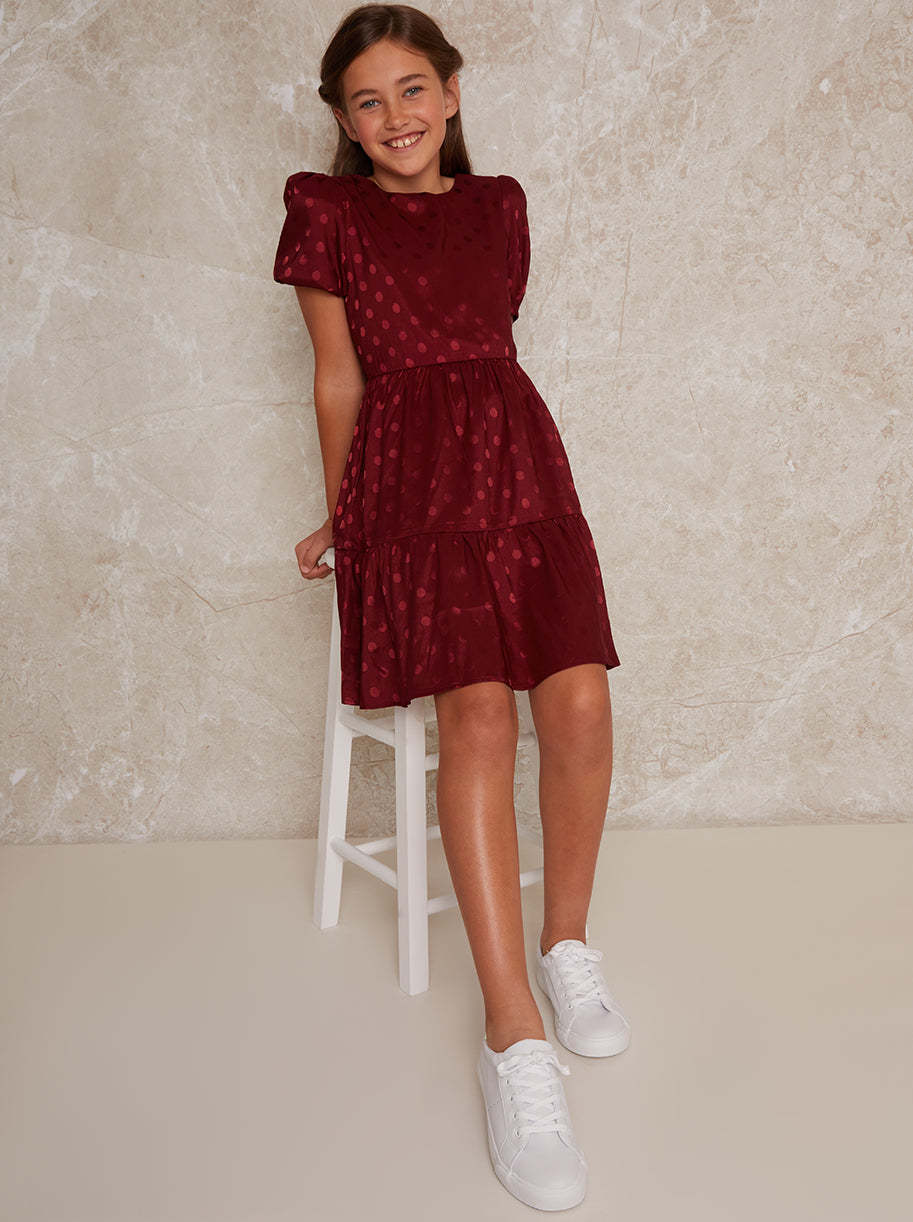 Girls Spot Print Satin Tiered Midi Dress Red