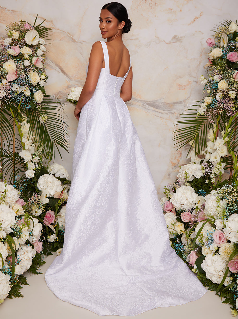 Petite Sleeveless Textured Wedding Dress with Train in White Chi Chi London