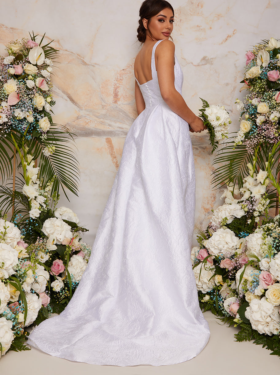 Sleeveless Jacquard Wedding Dress with Train in White Chi Chi London