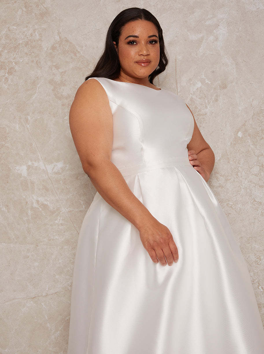 Plus Size Sleeveless Satin Bridal Dress with Train in White Chi Chi London UK