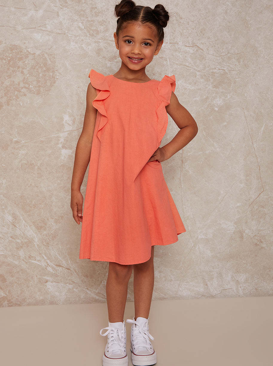 Girls Frill Shoulder Dress in Coral