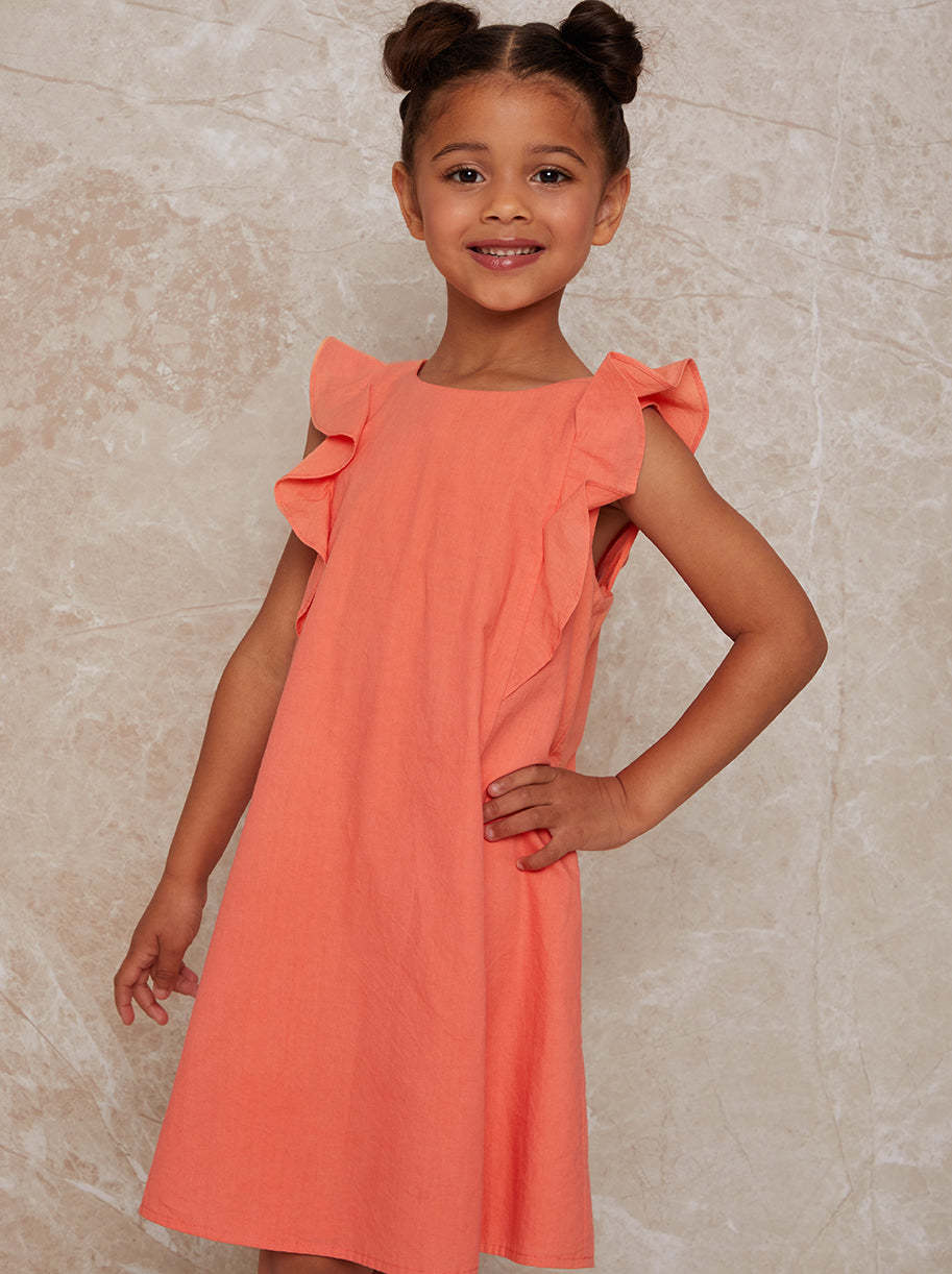 Girls Frill Shoulder Dress in Coral