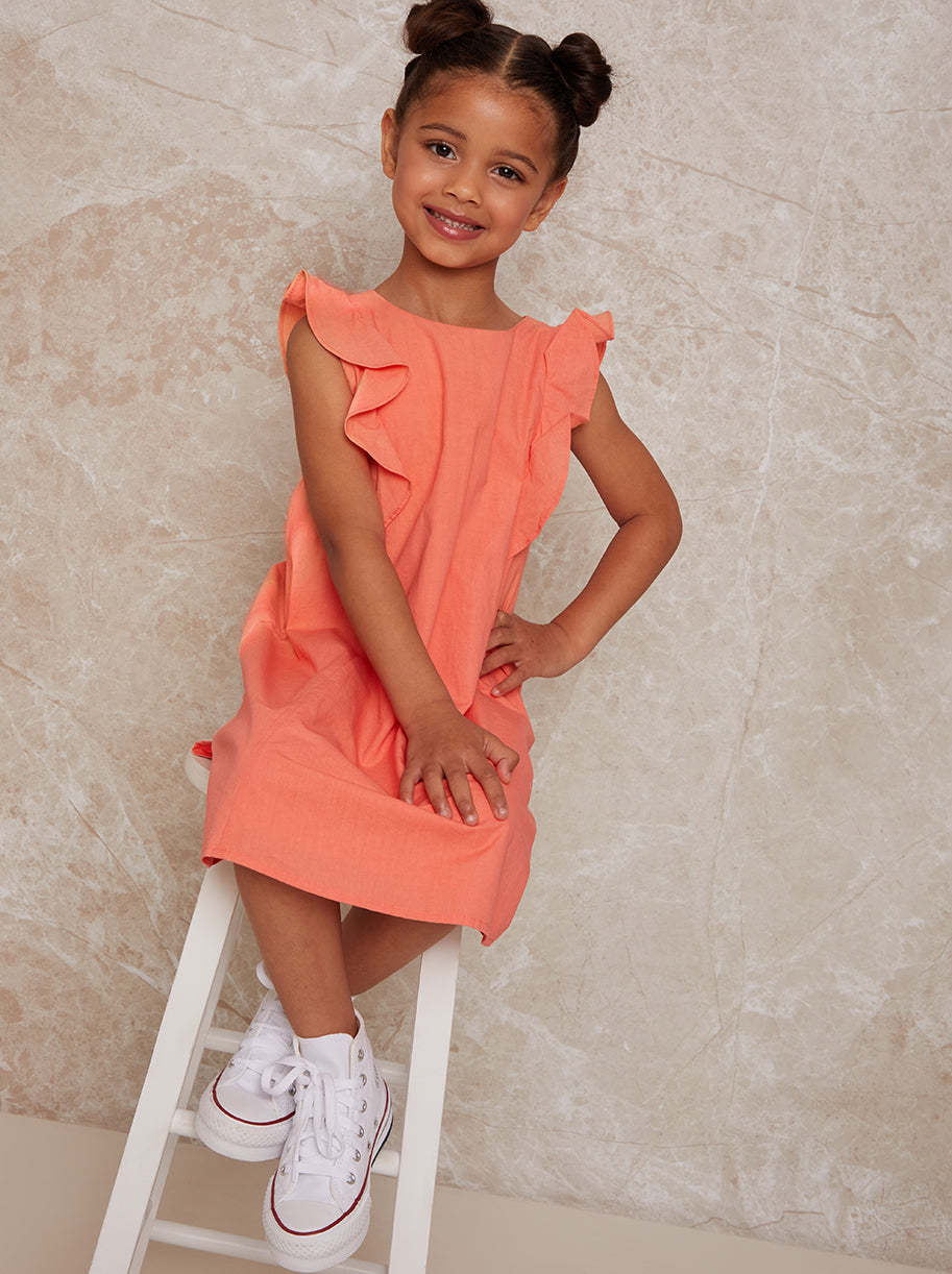 Girls Frill Shoulder Dress in Coral