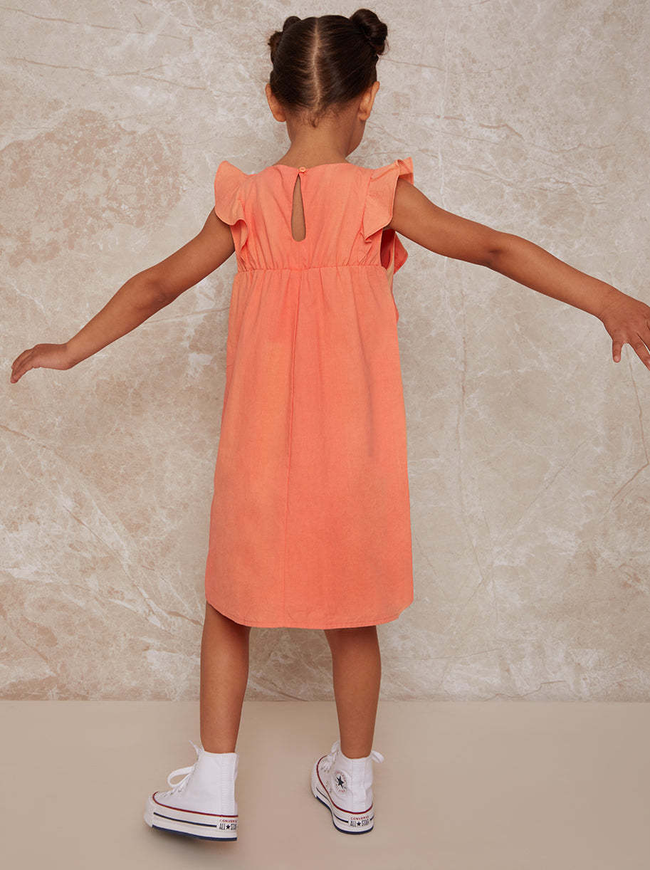 Girls Frill Shoulder Dress in Coral