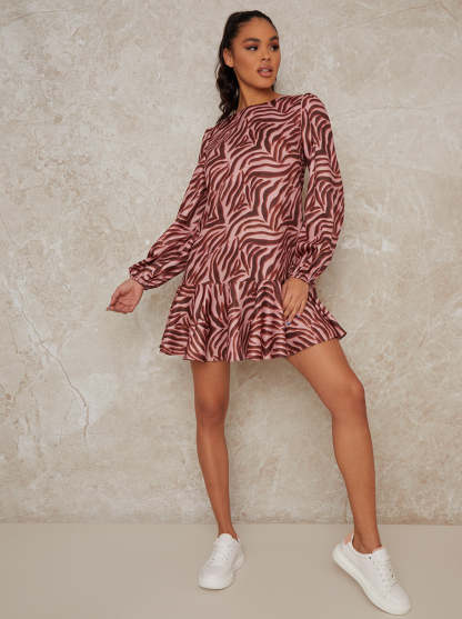 Animal Print Long Sleeve Mini Dress in Pink