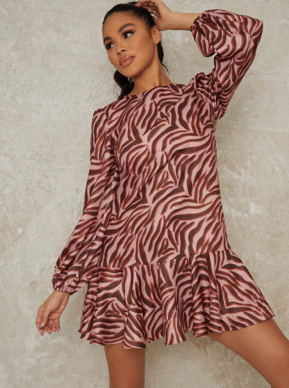Animal Print Long Sleeve Mini Dress in Pink