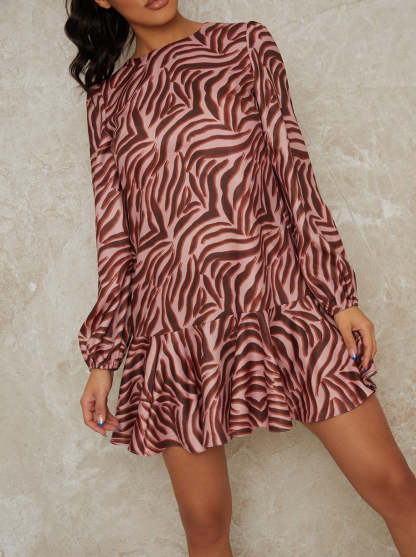 Animal Print Long Sleeve Mini Dress in Pink