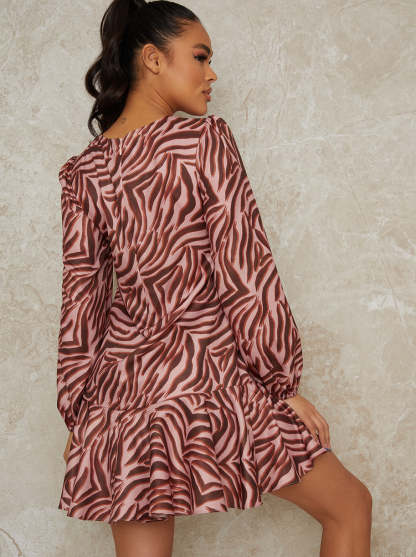 Animal Print Long Sleeve Mini Dress in Pink