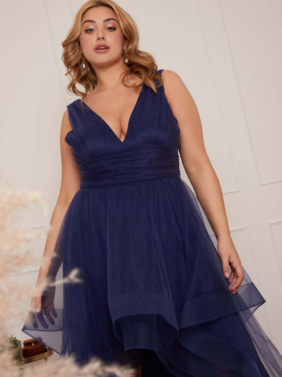 Plus Size Plunge Neck Tiered Tulle Dip Hem Dress in Navy